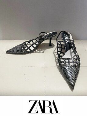 ZARA Snakeskin Print Cage Slingback Kitten Heels Mules Black White Grey Size 40